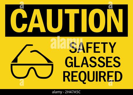 Safety glasses required Caution sign. Black on yellow background. Eye safety signs and symbols. Stock Vector