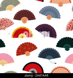 Hand fan on seamless pattern. Beautiful Asian background. Vector illustration Stock Vector