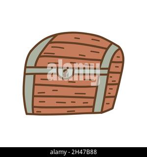 Large closed wooden treasure chest. Colorful vector isolated illustration hand drawn. Vintage case heavy and mystery Stock Vector