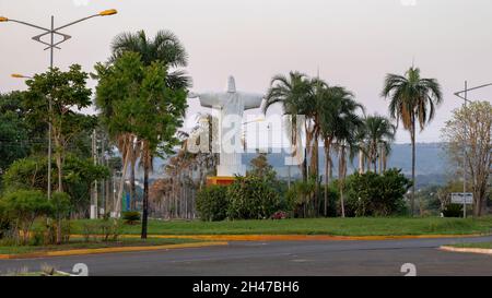 Cassilandia, Mato Grosso do Sul, Brazil - 10 22 2021: Statue of Christ that stands on a roundabout on arrival in the city and in front of the municipa Stock Photo
