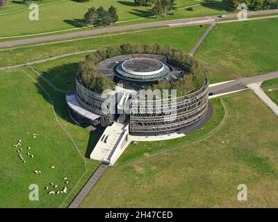 AERIAL VIEW. Museum to commemorate the historic battle of Vercingétorix against Julius Caesar. MuséoParc of Alésia, Côte d'Or, France. Stock Photo