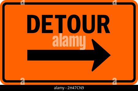 Detour right arrow sign. White on orange background. Traffic signs and symbols. Stock Vector