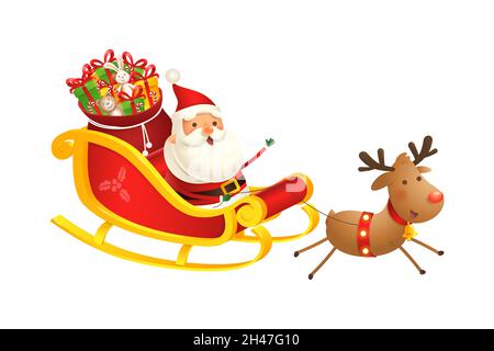 Cute and happy Santa sleigh with Reindeer - vector illustration isolated Stock Vector
