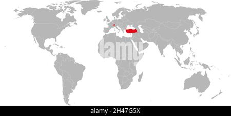 Switzerland, turkey countries highlighted red on world map. Geographical map backgrounds. Stock Vector