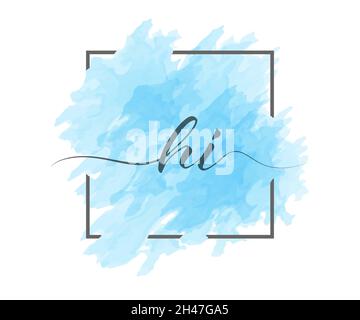 calligraphic lowercase letters H and I are written in a solid line on a colored background in a frame. Simple Style Stock Vector
