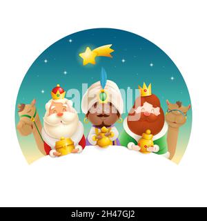 We Three Kings celebrate Epiphany - cute illustration isolated Stock Vector