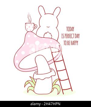 Affirmation for kids playroom, nursery. Inspirational positive quote Today in perfect day to be happy. Cute little bunny with tea cup on mushroom. Can Stock Vector