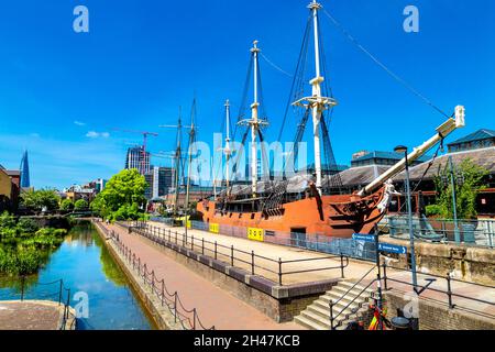 The Three Sisters replica ship at Tobacco Dock, by the Ornamental Canal, Wapping, London, UK Stock Photo