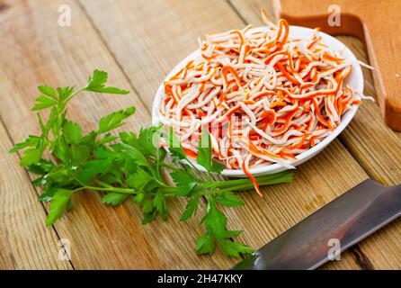 Seafood rallado, small surimi appetizer typical for Spain Stock Photo