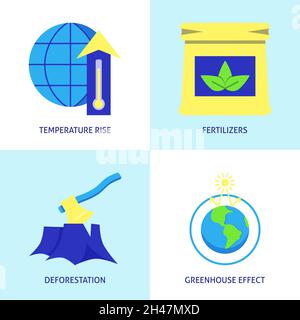 Ecology and climate change icon set in flat style. Greenhouse effect, global warming, logging and fertilizers symbols. Vector illustration. Stock Vector