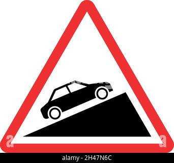 Steep uphill slope moving car warning sign on mountain road. Red triangle background. Stock Vector