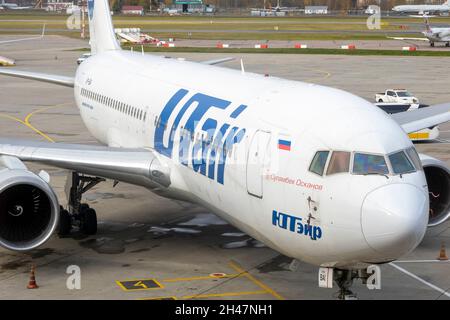 MOSCOW - OCT 19: Close-up of airplane with Utair airlines in Moscow, October 19. 2021 in Russia. Utair is famous Russian airline. Stock Photo