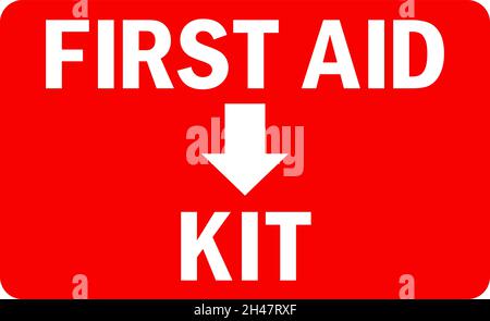 First aid kid with direction sign. White on red background. Safety signs and symbols. Stock Vector