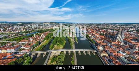Aerial view to Regensburg on Danube - old city, Dome St. Peter and Stone Bridge Stock Photo