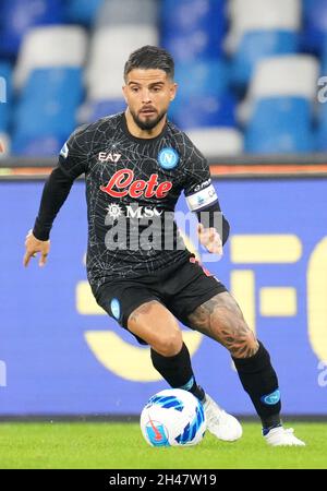 NAPLES, ITALY - OCTOBER 28: Lorenzo Insigne of SSC Napoli in action .during the Serie A match between SSC Napoli and Bologna FC at Stadio Diego Armando Maradona on October 28, 2021 in Naples, Italy. (Photo by MB Media ) Stock Photo