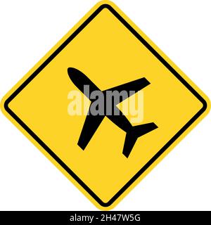 Aircraft low flying sign. Yellow diamond background. Road signs and symbols. Stock Vector