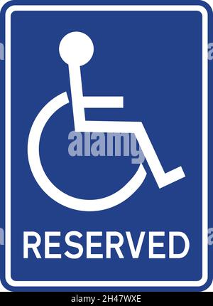 Wheelchair reserved seating sign. White on Blue background. Parking signs and symbols. Stock Vector