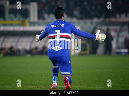 TURIN, ITALY - OCTOBER 31: Emil Audero of UC Sampdoria reacts ,during the Serie A match between Torino FC and UC Sampdoria at Stadio Olimpico di Torino on October 30, 2021 in Turin, Italy. (Photo by MB Media) Stock Photo
