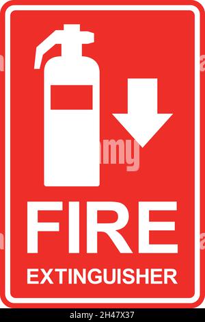 Fire extinguisher sign with arrow symbol. White on Red background. Safety signs and symbols. Stock Vector