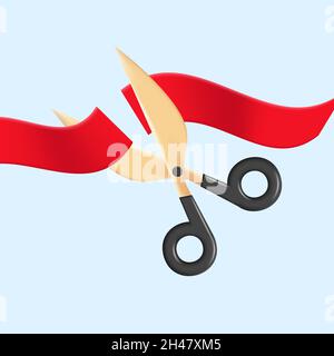 3d render illustration of golden scissors with black handle cutting red ribbon, modern graphic Stock Vector