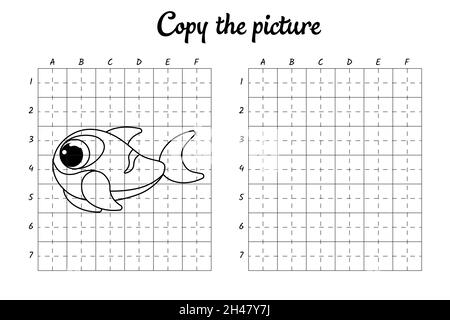 Copy the picture. Draw by grid. Coloring book pages for kids. Handwriting practice, drawing skills training. Education developing printable worksheet. Stock Vector