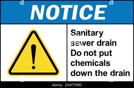 Sanitary sewer drain. Do not put chemicals down the drain notice sign. Construction safety signs and symbols. Stock Vector