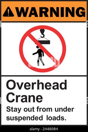 Overhead crane stay out from under suspended loads warning sign. Construction signs and symbols. Stock Vector
