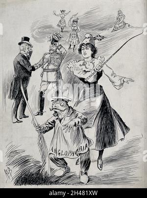 The Entente Cordiale: Marianne (a woman representing France) is chasing away a frog on which is written 'Anglophobia'; King Edward VII and President Émile Loubet shaking hands in the background. Ink drawing by A.S. Boyd, ca. 1903. Stock Photo