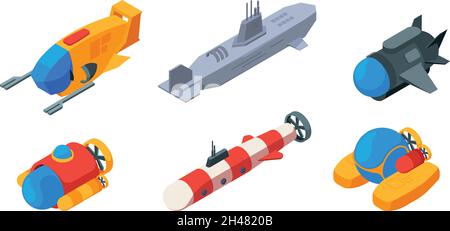 Submarine isometric. Ocean underwater exploring boats and ship with periscope drive navy transport garish vector 3d illustrations Stock Vector