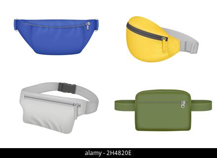 Waist bag. Fashioned hand accessories from leather various views of sport bag decent vector realistic illustrations templates Stock Vector