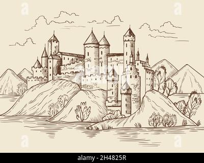 Medieval background. Fantasy historical buildings with fortress towers house from vintage bricks recent vector landscape hand drawn illustration Stock Vector