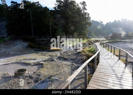 Lagoa das Furnas e Fumarolas, wooden footpath on a site of bubbling hot springs and fumaroles on the island of Sao Miguel, Azores, Portugal Stock Photo