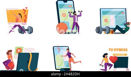 Online sport. Personal fitness exercises web broadcast translation coaching training with gadgets garish vector illustrations characters in flat style Stock Vector