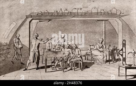 Lavoisier in his laboratory conducting an experiment on the respiration of a man at work. Photogravure after M.A.P. Lavoisier. Stock Photo
