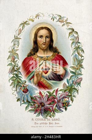 Christ showing his Sacred Heart. Colour lithograph Stock Photo - Alamy