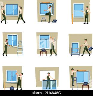 Window installing. Modern transparent glass with pvc plastic frames rennovation processes workers repair doors and windows garish vector flat Stock Vector