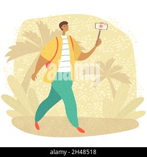 Travel blogger recording video on camera. Vlogger speaking to phone camera for his lifestyle vlog. Influencer makes content for his social media Stock Vector