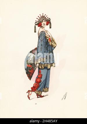 Woman in Chinese fancy-dress costume. Pajamas of blue satin de Chine, jacket with multicoloured silk embroidery, gold fabric edges, pantalons decorated with red chrysanthemums, holding a large painted fan. Handcoloured pochoir lithograph from Le Carnival Parisien, Volume 10, a special edition of Chic Parisien, published by Atelier Bachwitz, Vienna, 1920. Stock Photo
