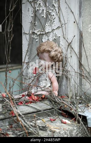 Stuffed plush toys and dolls, Cheburashka on a shelf in a closet in a  destroyed kindergarten in Pripyat, in the Chernobyl exclusion zone, Ukraine  Stock Photo - Alamy