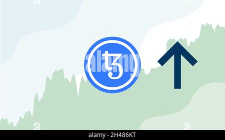 Tezos cryptocurrency value price going up concept flat design. XTZ worth gain, digital wealth, profit rise success concept. Stock Vector