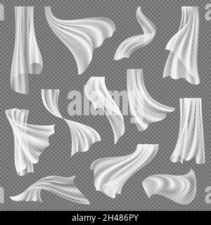 Curtains. Textile transparent decoration for interior curtains on hangers window wind decent vector realistic templates set Stock Vector