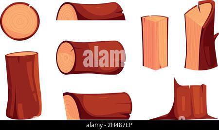 Wooden logs. Tree planks oak branch cutting logs collection industrial wooden production garish vector flat illustrations isiolated Stock Vector