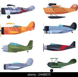 Old planes. Retro style airplanes vintage travel avia transport garish vector flat illustrations Stock Vector