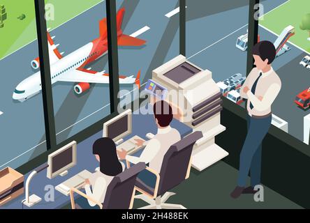 Flight command center. Airplane tracking controlling team airport launching room with surveillance panel garish vector flat background Stock Vector