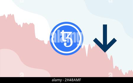 Tezos (XTZ) cryptocurrency value dip, price going down flat design. Net worth decrease, digital wealth, profit loss illustration. Stock Vector