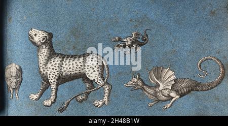 A leopard (?), a cow and two dragons. Cut-out engravings pasted onto ...