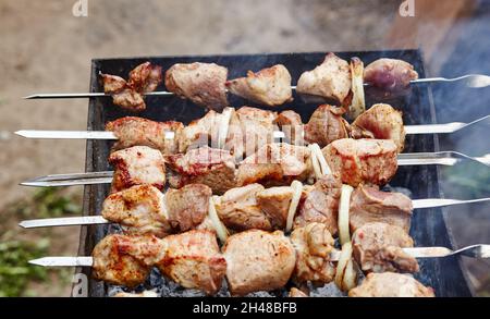 Grilling Marinated Shashlik On A Grill. Shashlik Is A Form Of Shish Kebab  Popular In Eastern, Central Europe And Other Places. Shashlyk (meaning  Skewered Meat) Was Originally Made Of Lamb. Stock Photo
