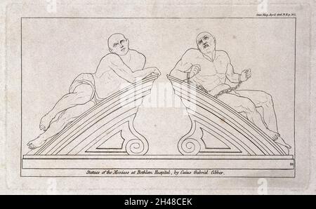 Statues of 'raving' and 'melancholy' madness, each reclining on one half of a pediment, formerly crowning the gates at Bethlem [Bedlam] Hospital. Engraving in outline by [H.D.], 1816, after T. Stothard, 1783, after C. Cibber, 1680. Stock Photo