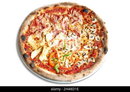 Overhead shot of four seasons pizza isolated on white Stock Photo