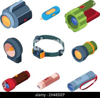 Electric lantern. Isometric flashlight beams in night search electric items garish vector collection set Stock Vector